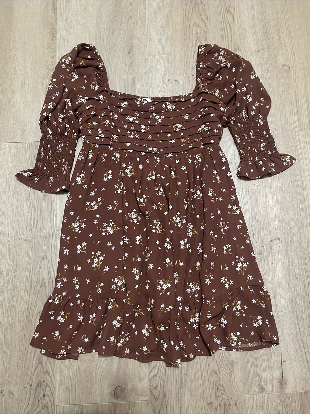 Blue Rain Francesca’s Brown Floral Square-Neck Mini Dress (M)